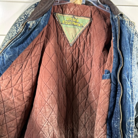 VTG 80s 90s Urban Equipment Acid Wash Denim Coat Leather Trim Oversized XL - Picture 3 of 7